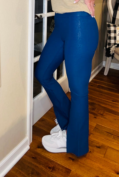 Front Slit Flare Foil Athletic Pant-BLUE