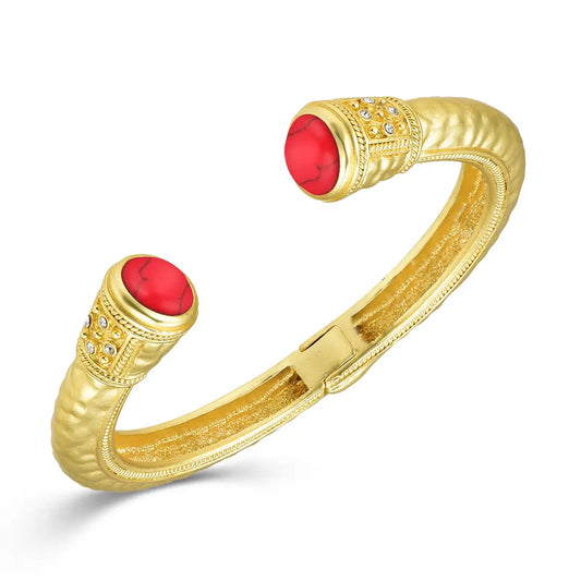 Gold Hammered Bangle-Stone End Coral